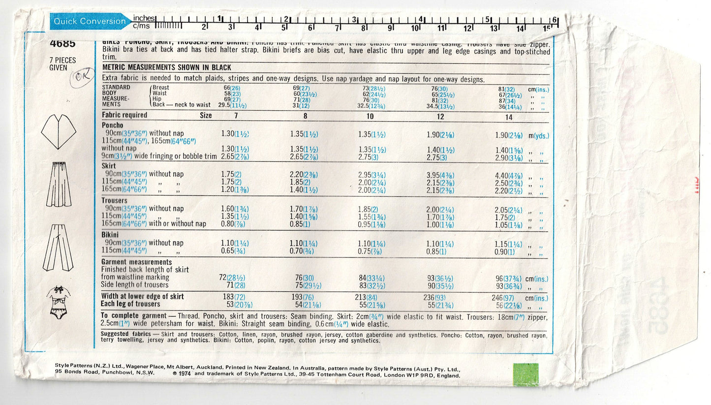 Style 3642 Teen Girls Poncho Skirt Pants & Bikini 1970s Vintage Sewing Pattern Size 12