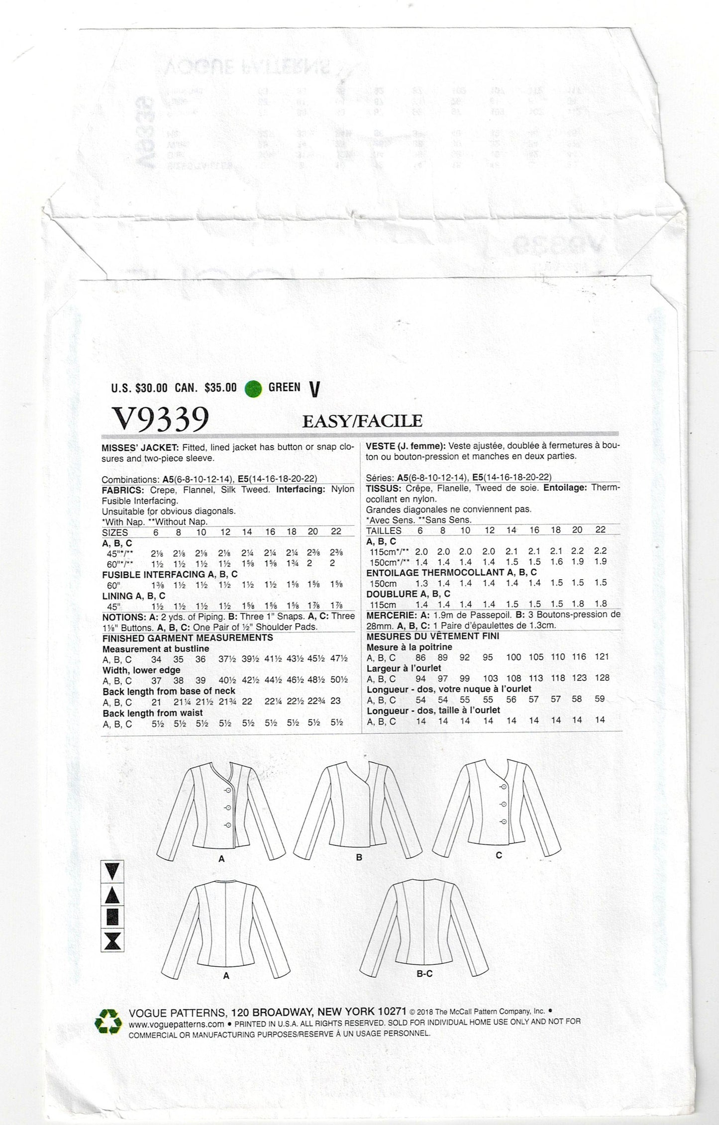Vogue 9339 Womens Lined Asymmetric Fitted Jacket Out Of Print Sewing Pattern Sizes 6 - 14 UNCUT Factory Folded