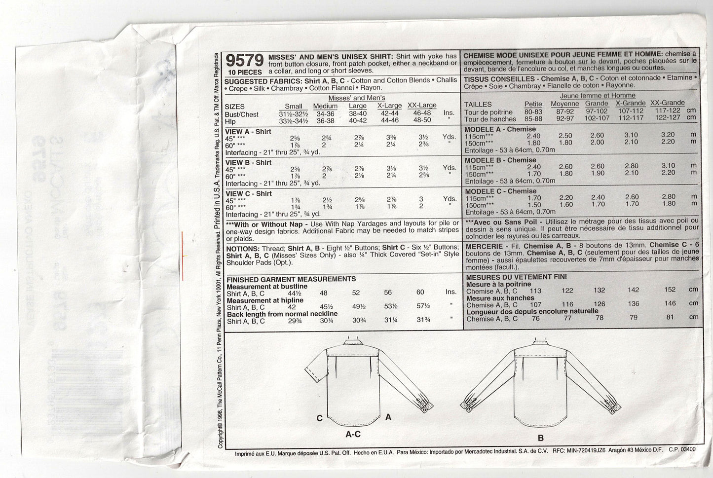 McCall's 9579 Mens Womens Palmer Pletsch UNISEX Basic Button Front Shirt 1990s Vintage Sewing Pattern Bust/Chest 38-40 Inches UNCUT Factory Folded
