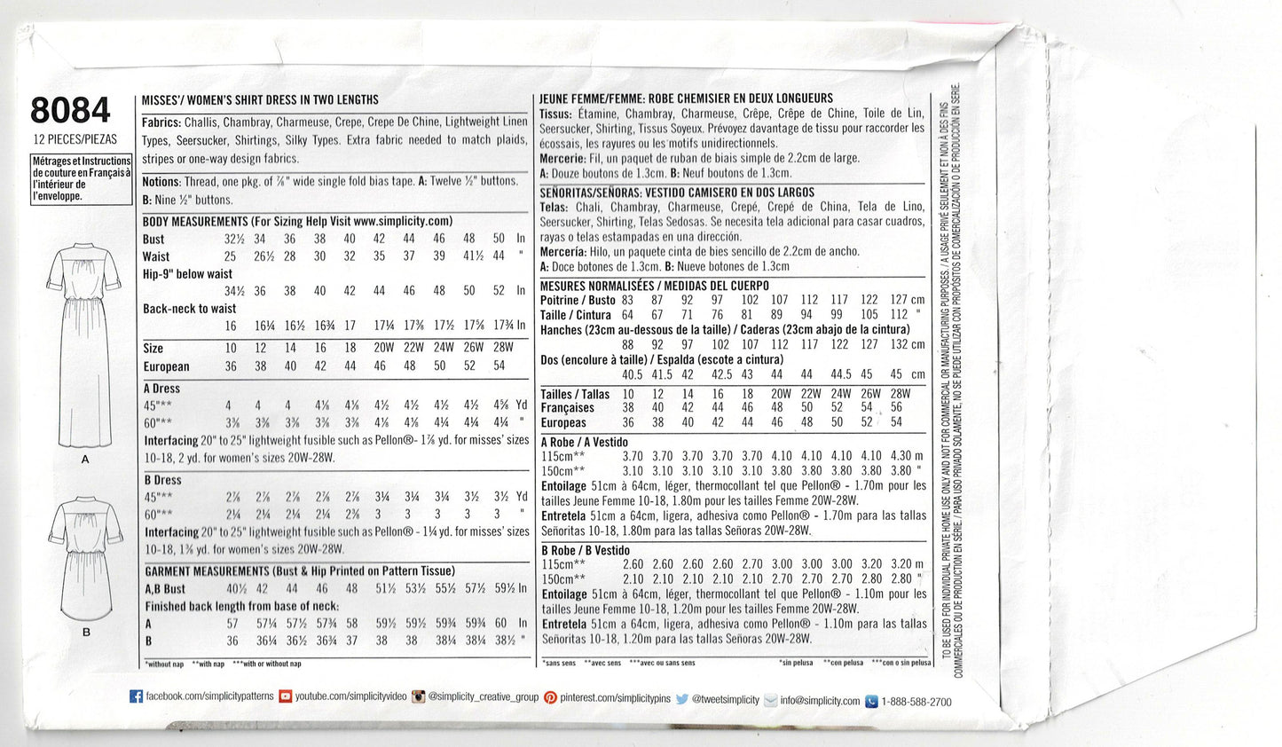 Simplicity 8084 MIMI G Womens Shirtdress with Side Pockets Out Of Print Sewing Pattern Size 20 - 28 UNCUT Factory Folded
