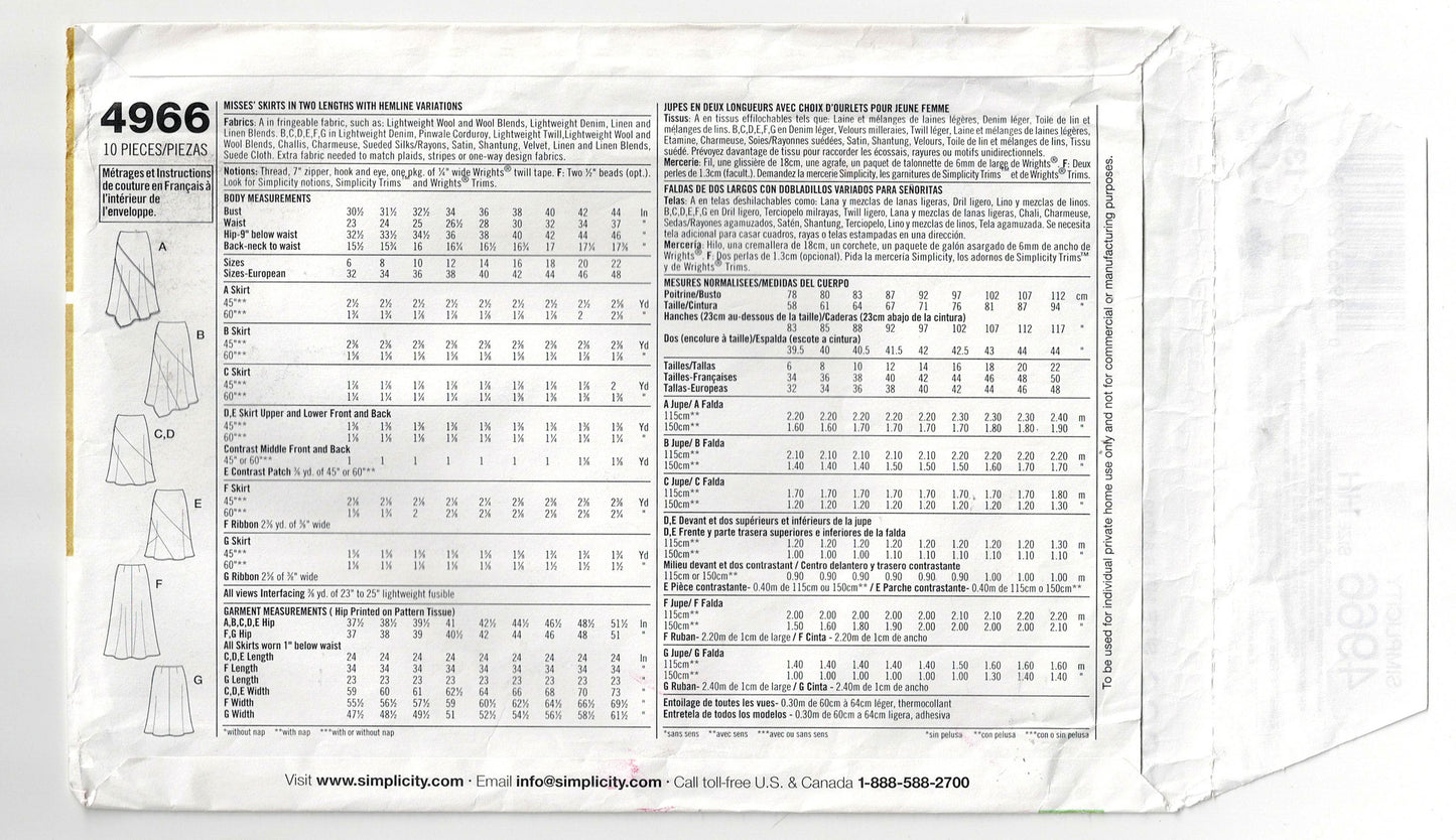 Simplicity 4966 Womens Colour Block Asymmetric Bias Skirts Out Of Print Sewing Pattern Size 4 - 12 UNCUT Factory Folded