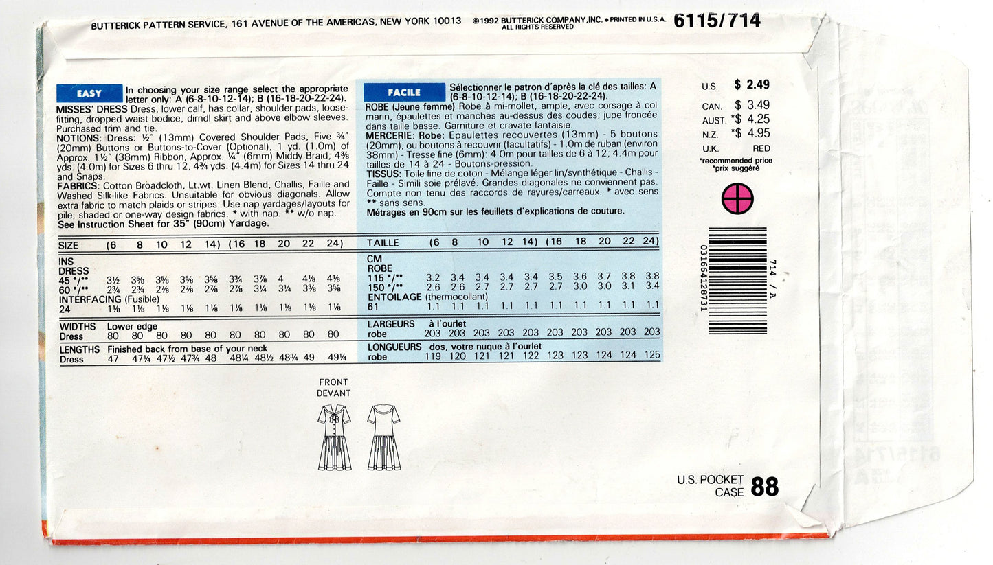 Butterick See & Sew 6115 Womens Dropped Waist Sailor Collar Dress 1990s Vintage Sewing Pattern Size 6 - 14 UNCUT Factory Folded