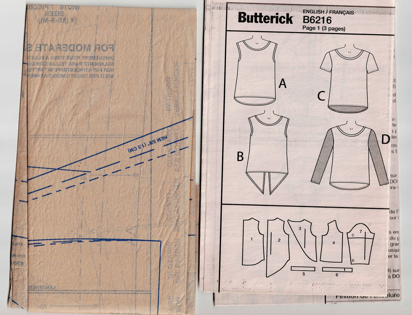 Butterick 6216 Womens Stretch Knit Tunic Tops with Back Variations Out Of Print Sewing Pattern Size XS - M UNCUT Factory Folded
