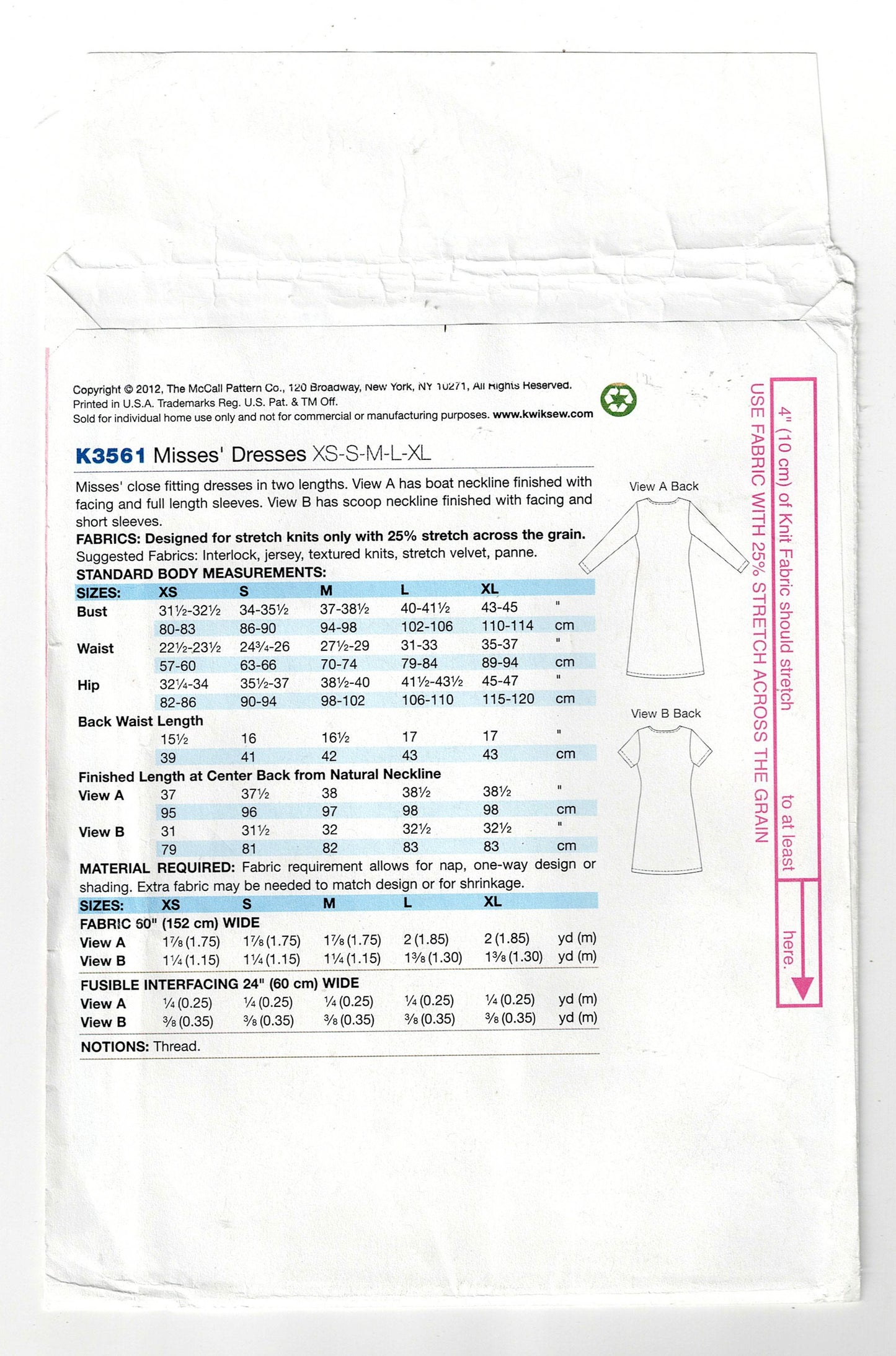 Kwik Sew 3561 Womens EASY Stretch Knit Dress Out Of Print Sewing Pattern Size XS - XL UNCUT Factory Folded