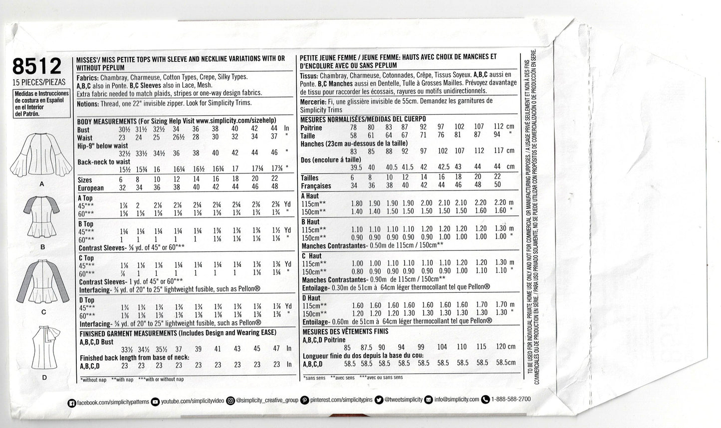 Simplicity 8512 Womens Princess Tops with Cold Shoulder or Peplum Out Of Print Sewing Pattern Size 6 - 14 UNCUT Factory Folded