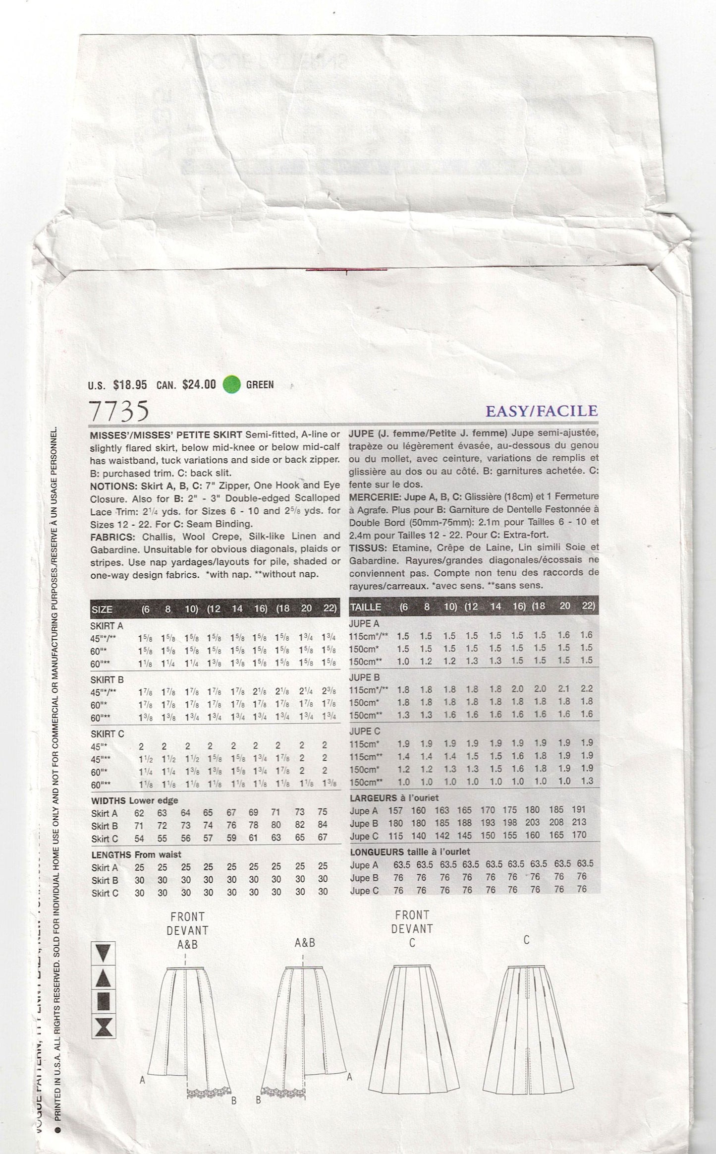 Vogue 7735 Womens Flared Panelled A Line Skirts Out Of Print Sewing Pattern Size 6 - 10 UNCUT Factory Folded