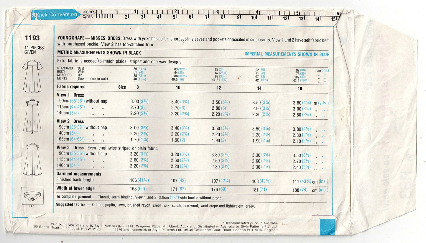 Style 1193 Womens Yoked Dress with Pockets 1970s Vintage Sewing Pattern Size 14 Bust 36 inches