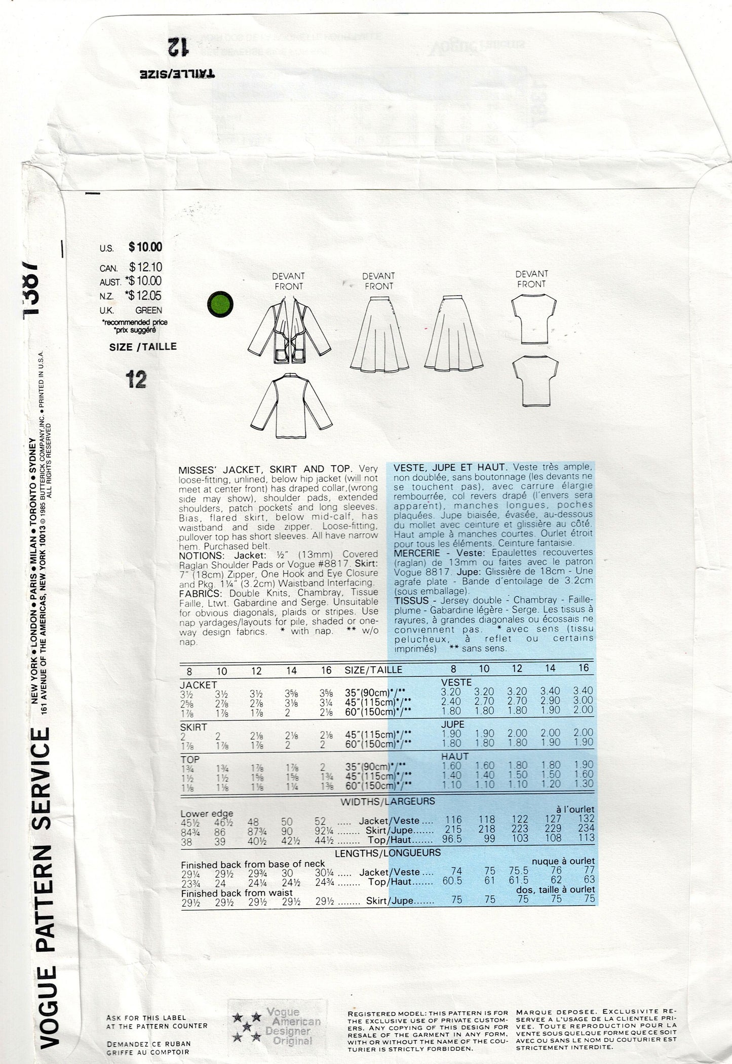 Vogue American Designer 1387 JOHN ANTHONY Womens Draped Front Jacket Skirt & Top 1980s Vintage Sewing Pattern Size 12 Bust 34 Inches