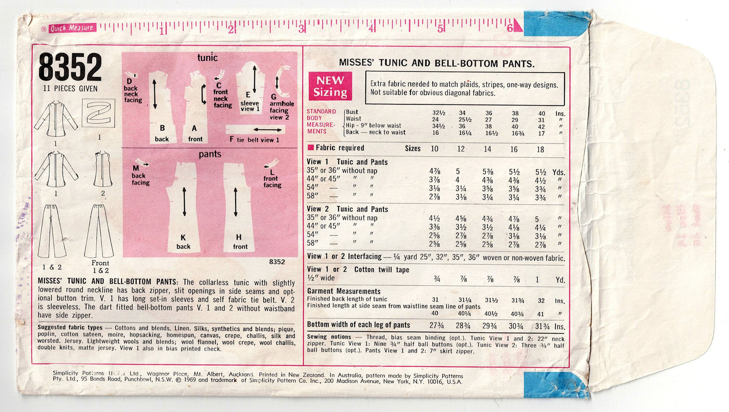 Simplicity 8352 Womens Tunic Tops & Bell Bottom Pants 1960s Vintage Sewing Pattern Size 14 Bust 36 inches