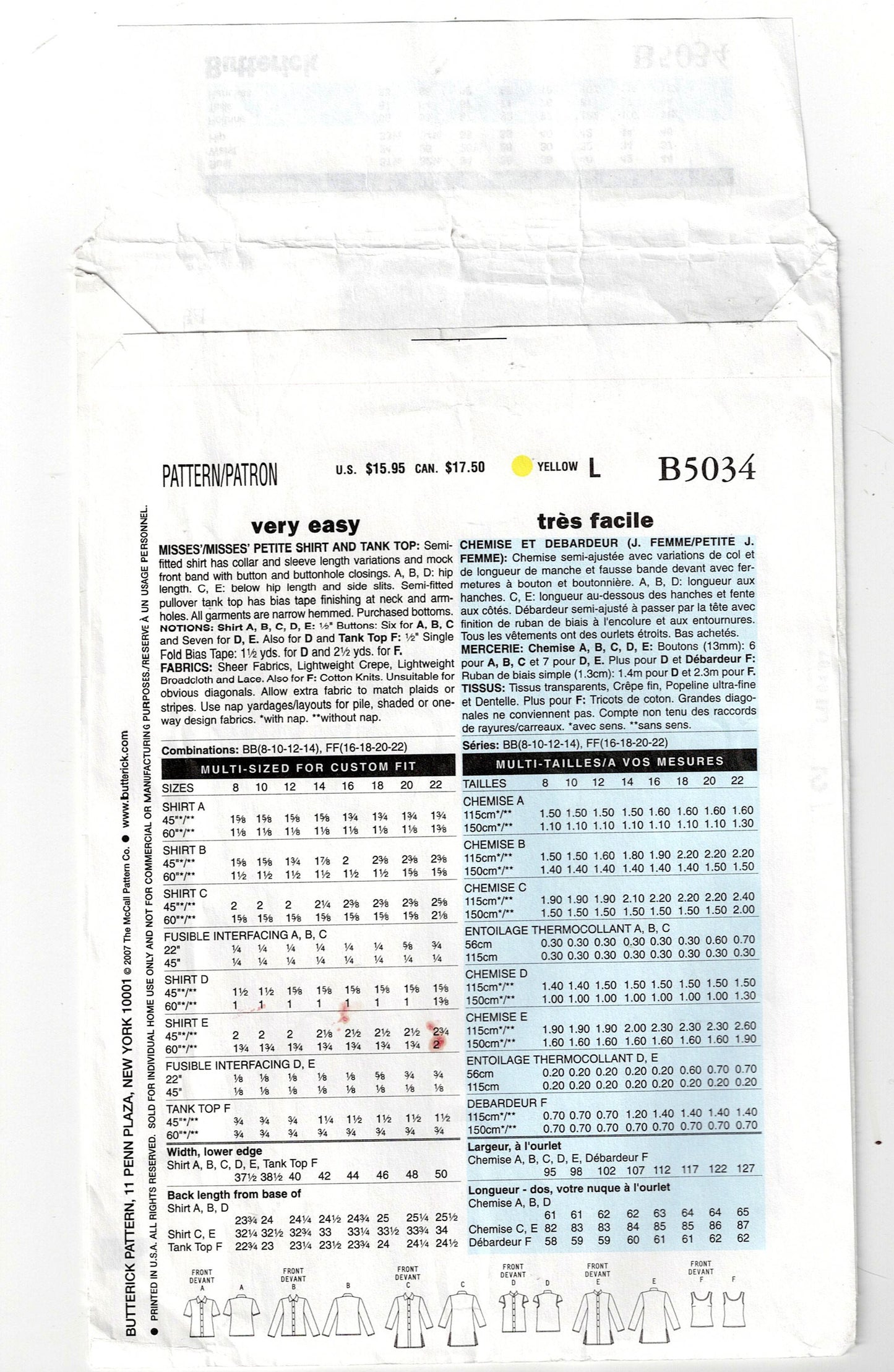 Butterick 5034 Womens Semi Fitted Shirt Tops Out Of Print Sewing Pattern Sizes 16 - 22 UNCUT Factory Folded