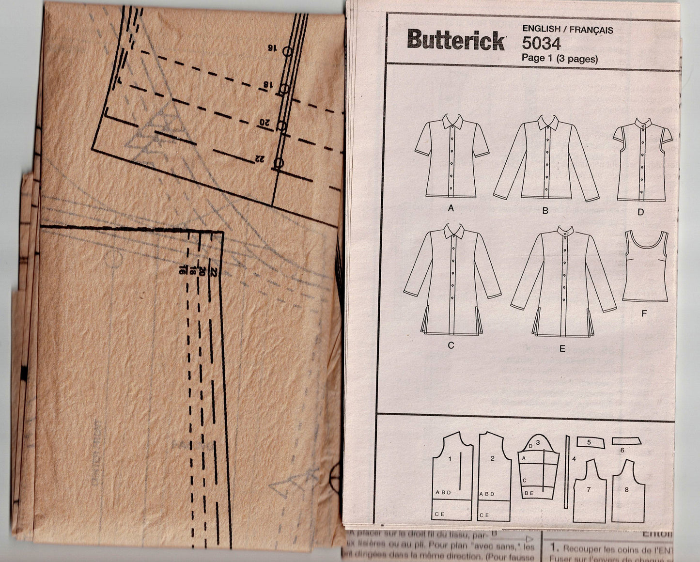 Butterick 5034 Womens Semi Fitted Shirt Tops Out Of Print Sewing Pattern Sizes 16 - 22 UNCUT Factory Folded