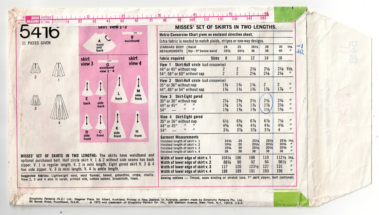 Simplicity 5416 Womens Panelled Skirts in 2 Lengths 1970s Vintage Sewing Pattern Size 14 Waist 28 Inches