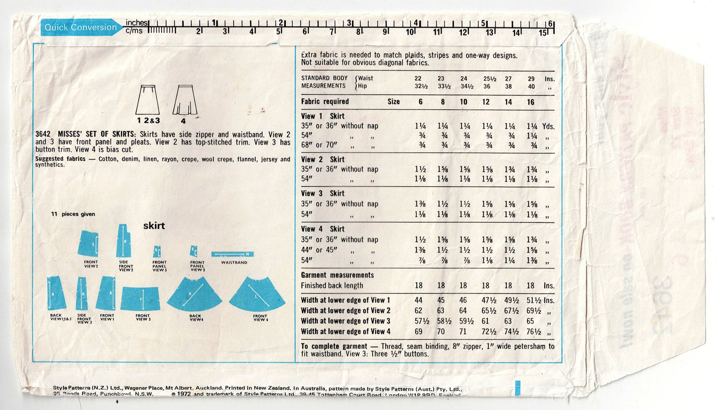 Style 3642 Womens Mini Skirts in 4 Styles 1970s Vintage Sewing Pattern Size 12 Waist 25.5 Inches