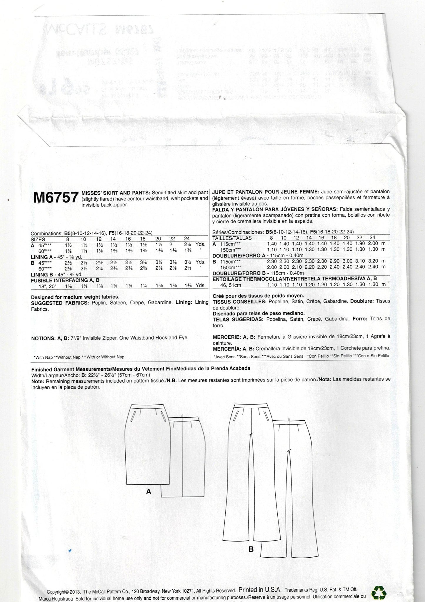 McCall's 6757 PALMER PLETSCH Womens Fitted Skirt & Pants Out Of Print Sewing Pattern Sizes 8 - 16 UNCUT Factory Folded