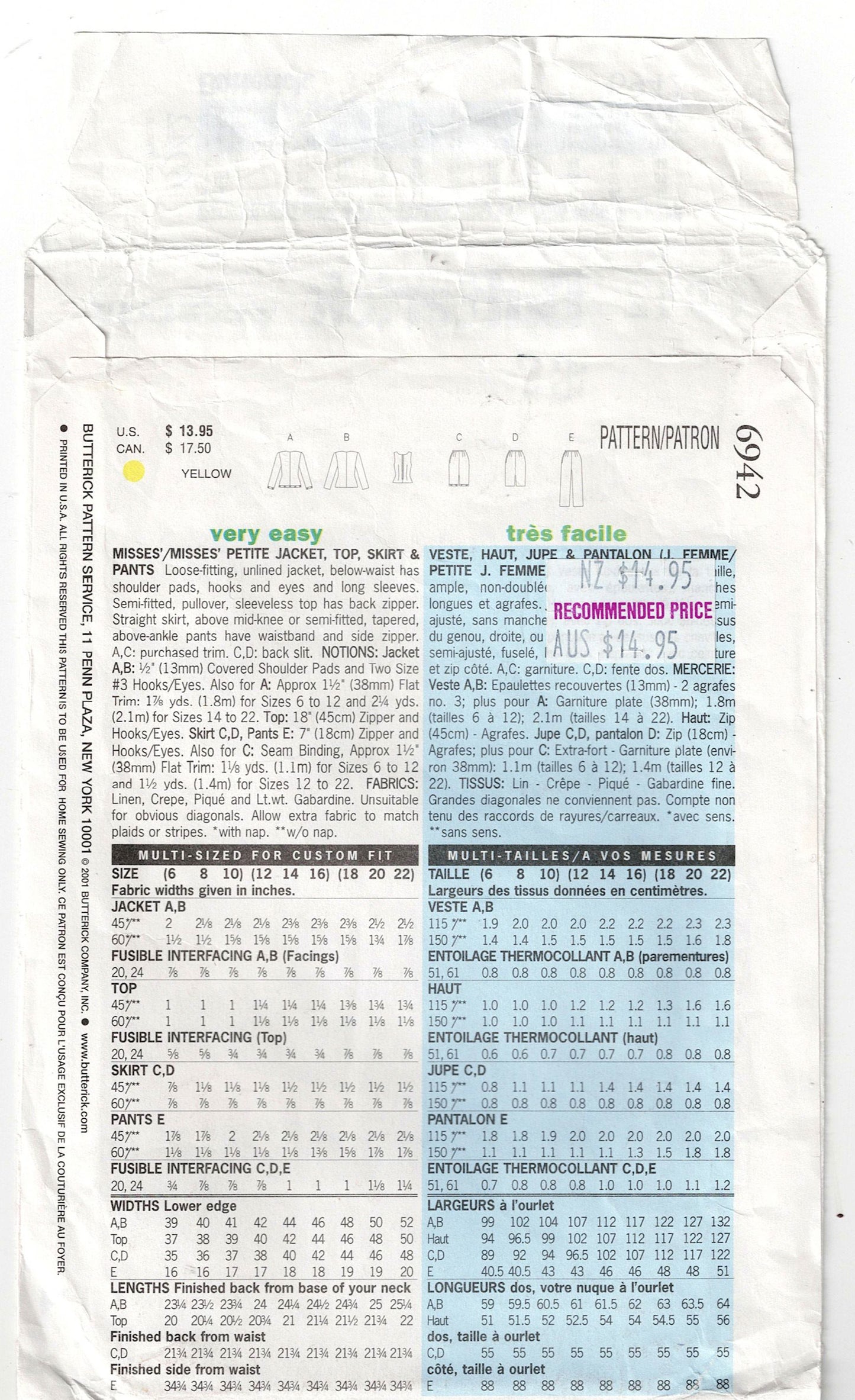 Butterick 6942 Womens Casual Wardrobe Jacket Skirt Top & Pants Out Of Print Sewing Pattern Size 12 - 16  UNCUT Factory Folded