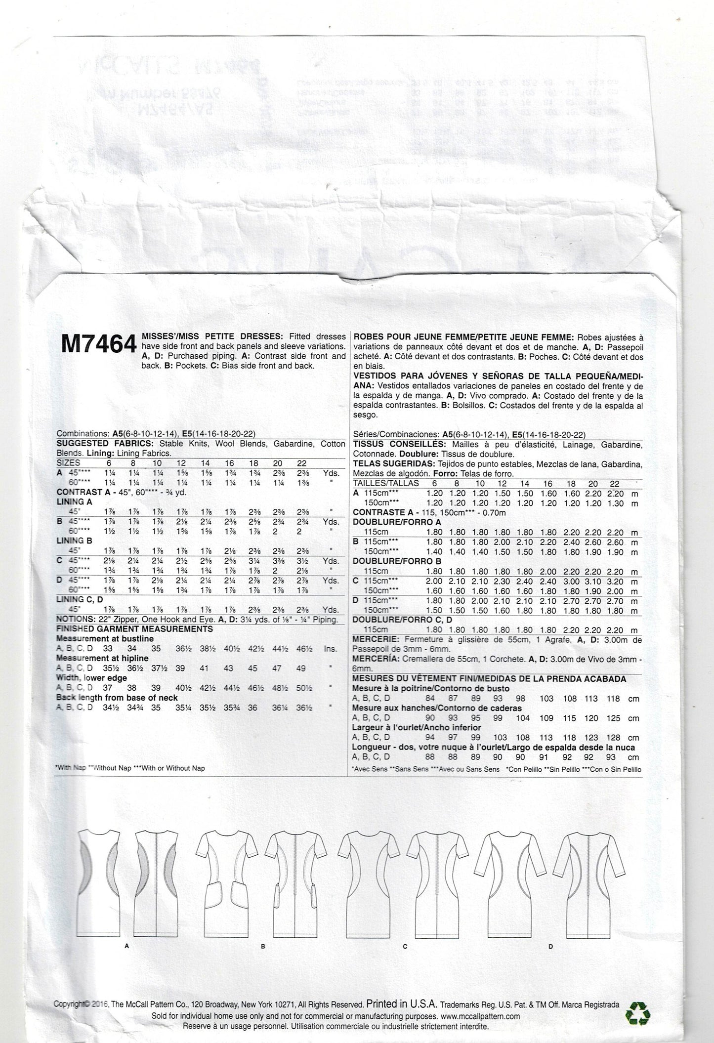 McCall's 7464 Womens Slim Dress with Curved Side Panels & Pockets Out Of Print Sewing Pattern Sizes 6 - 14 UNCUT Factory Folded