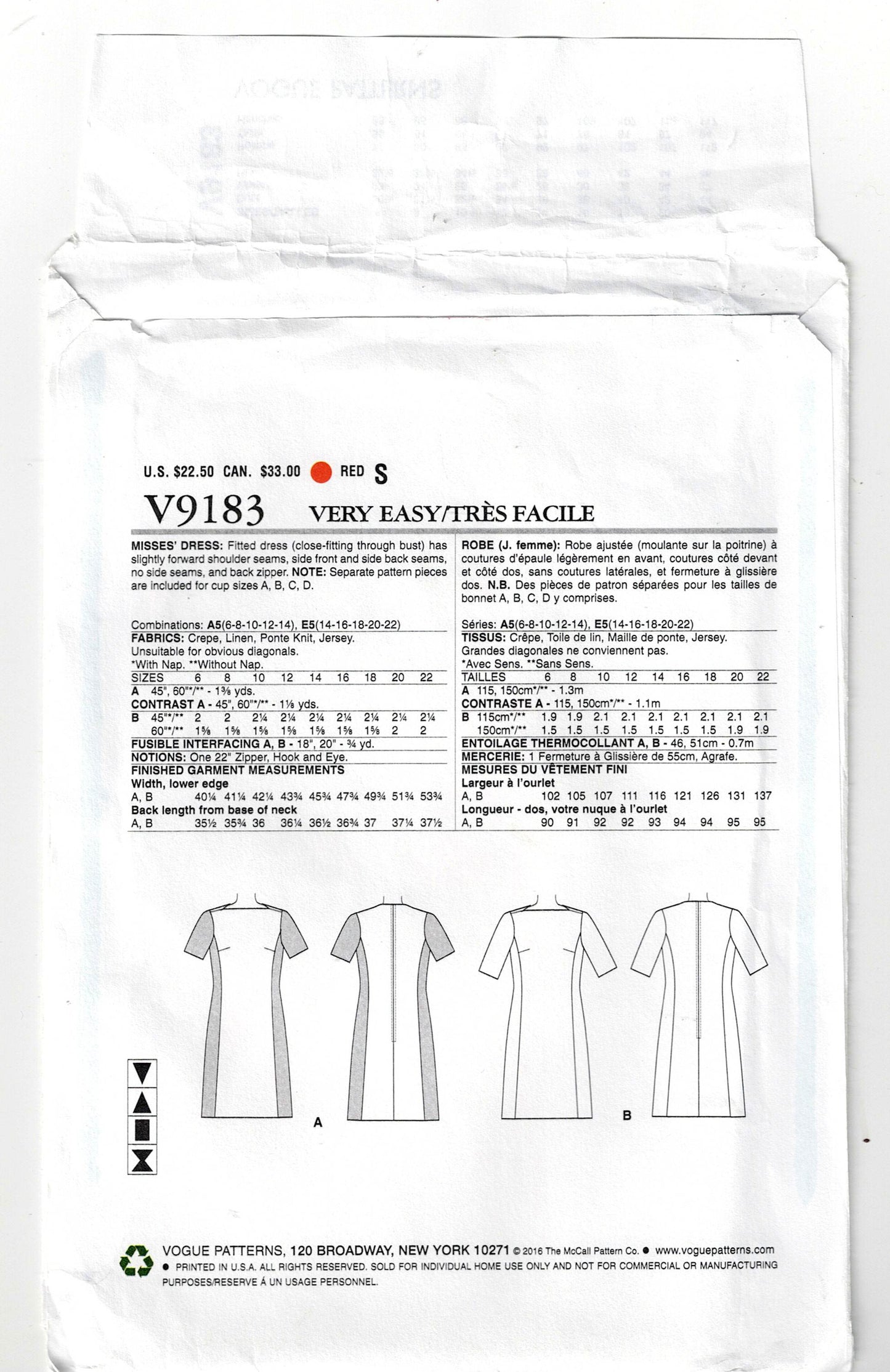 Very Easy Vogue 9183 Womens Custom Fit Panelled Colour Block Dress Out Of Print Sewing Pattern Size 14 - 22 UNCUT Factory Folded