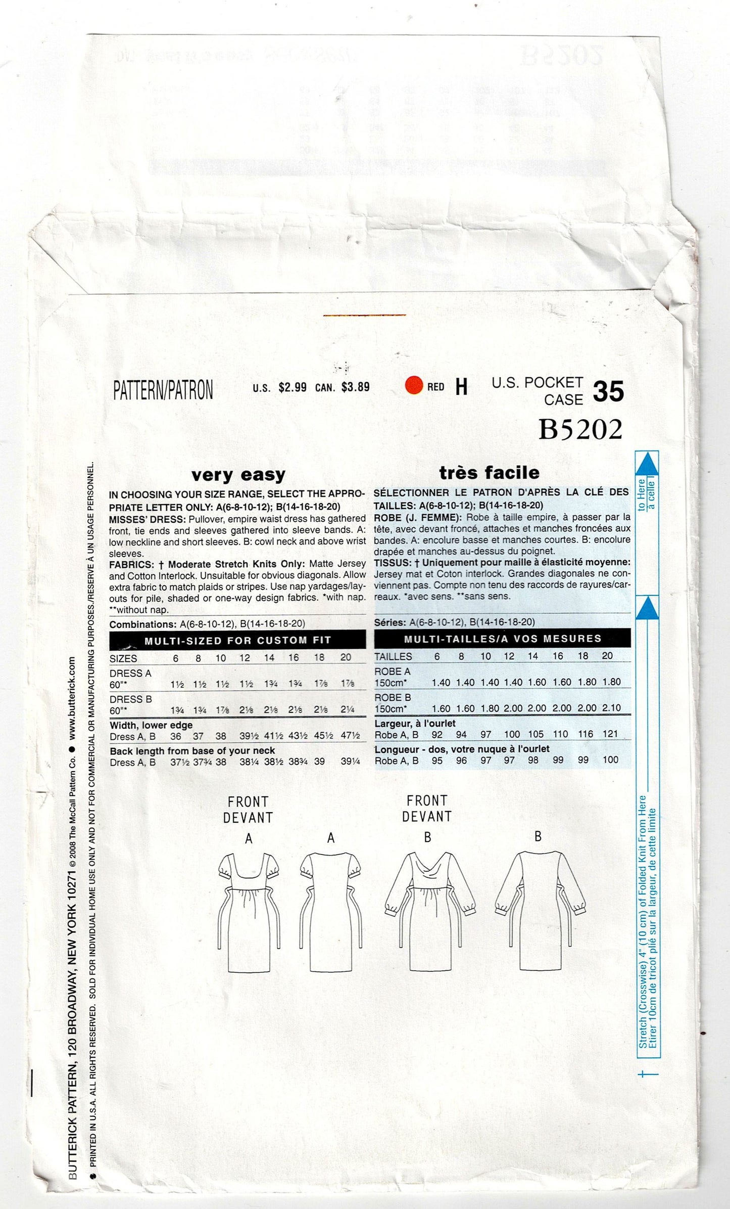 Butterick See & Sew 5202 Womens Empire Waisted Stretch Knit Dress Out Of Print Sewing Pattern Sizes 14 - 20 UNCUT Factory Folded