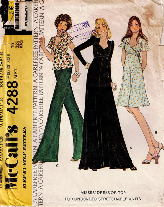 McCall's 4288 Womens Stretch Knit Flutter Sleeved Wrap Dress or Top 1970s Vintage Sewing Pattern Size 10 Bust 32.5 Inches