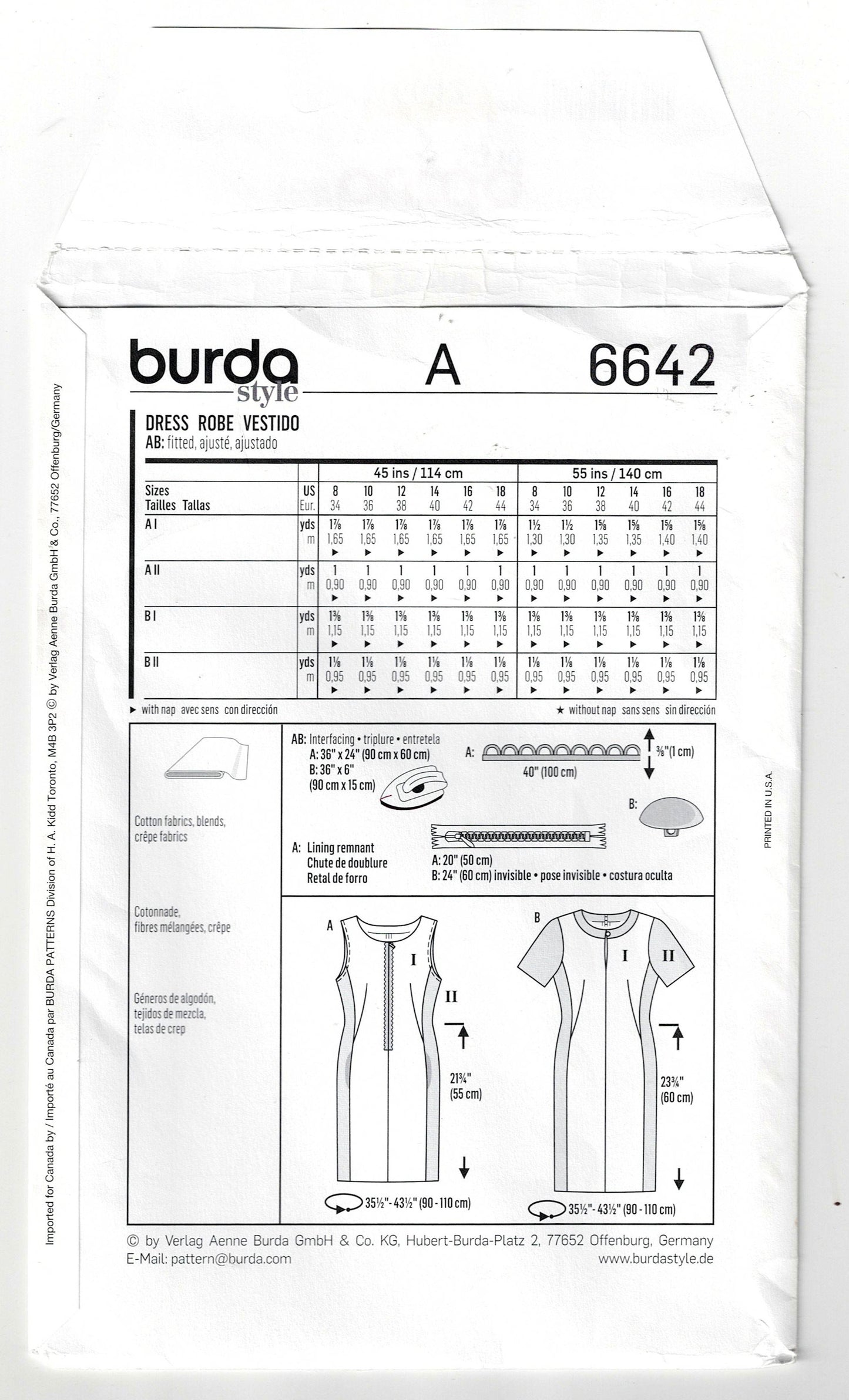 Burda Style 6642 Womens Side Panelled Shift Dress with Optional Zip Front Out Of Print Sewing Pattern Sizes 8 - 18 UNCUT Factory Folded