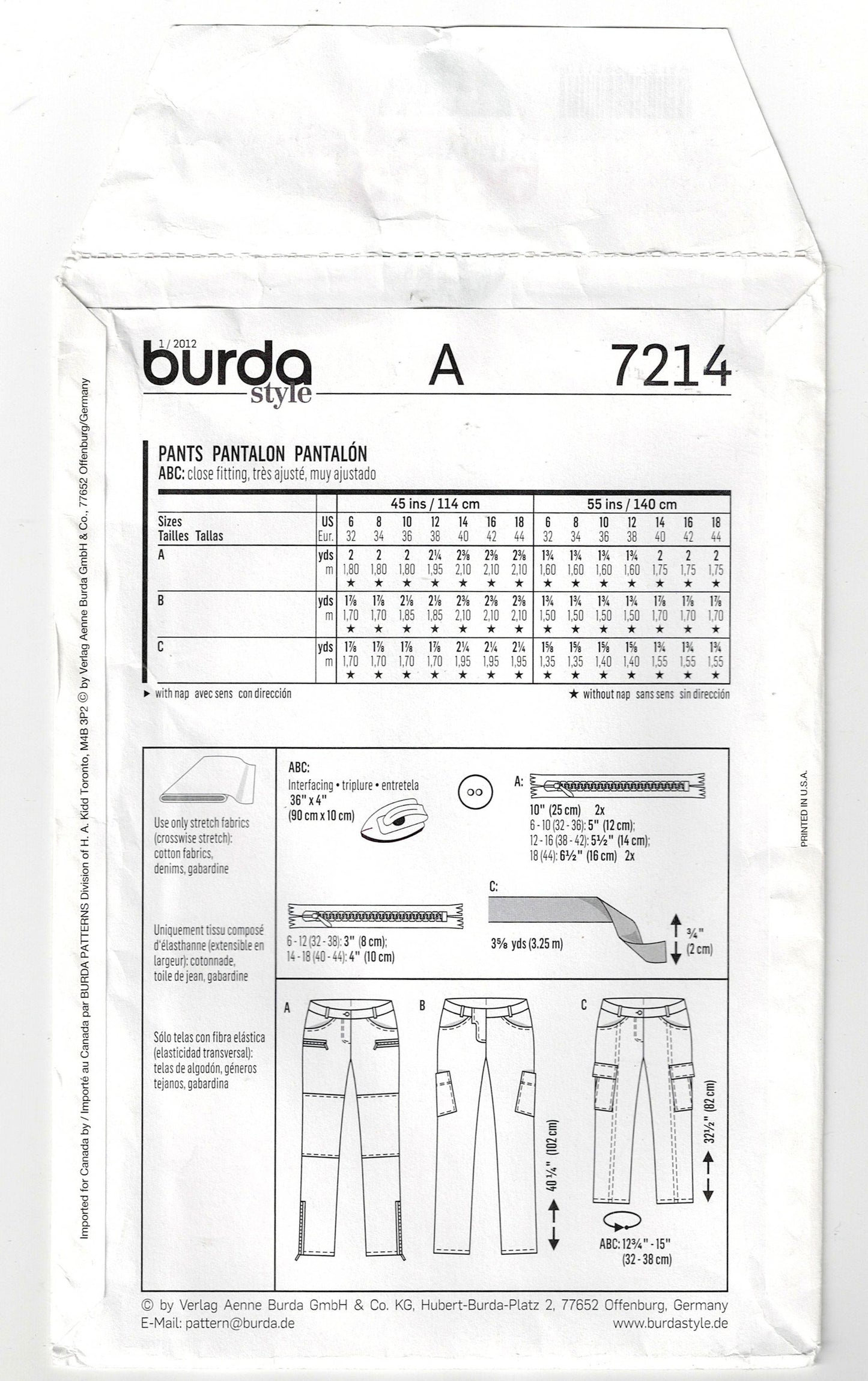 Burda Young 7214 Womens Hipster Pants or Jeans for Stretch Wovens Out Of Print Sewing Pattern Sizes 6 - 18 UNCUT Factory Folded