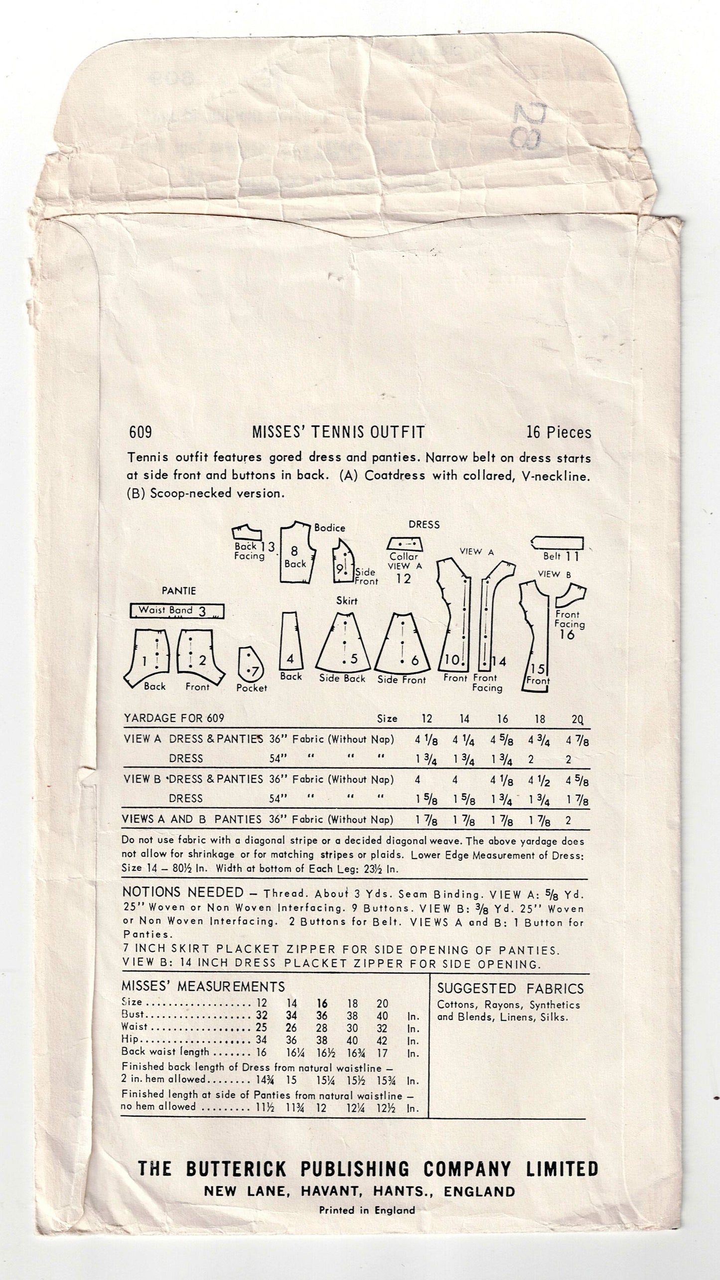 Butterick 609 RARE Womens Classic Tennis Dress & Panties 1950s Vintage Sewing Pattern Size 14 Bust 34 inches