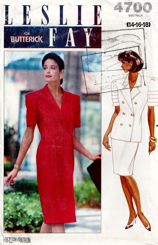 Butterick 4700 LESLIE FAY Womens Double Breasted Dress Top & Skirt 1990s Vintage Sewing Pattern Size 14 - 18 UNCUT Factory Folded