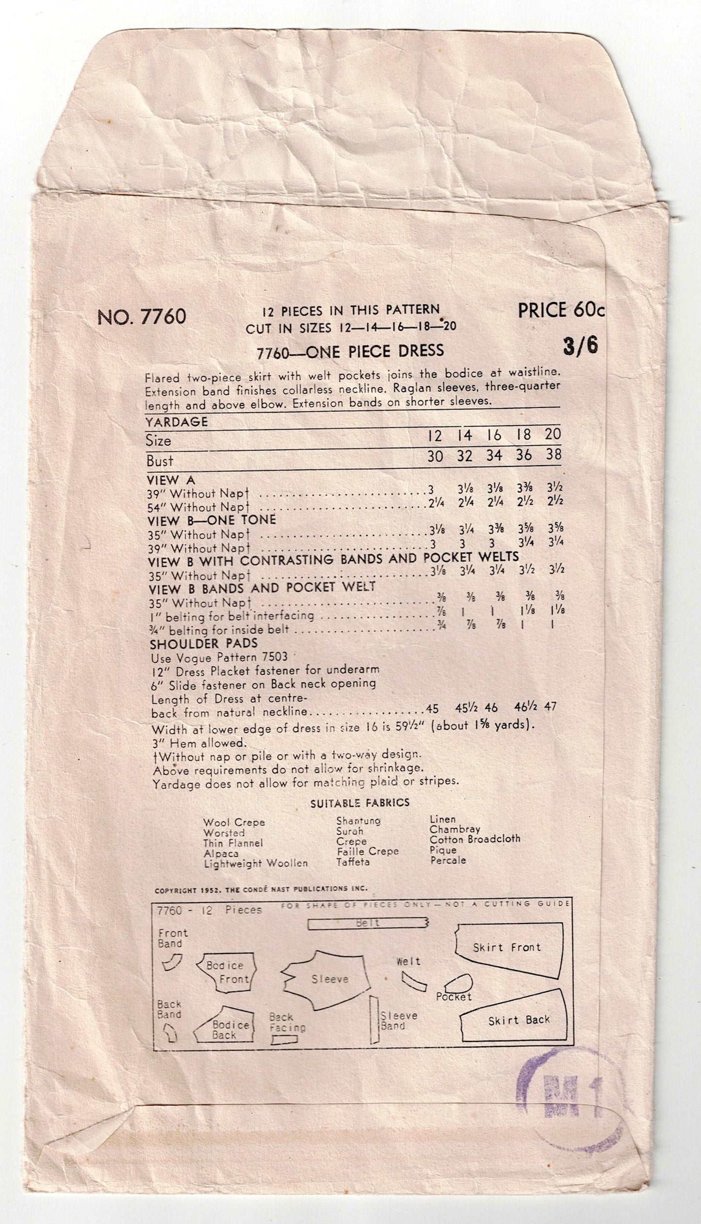 Vogue 7760 Womens Raglan Sleeved Dress with Welt Pockets 1950s Vintage Sewing Pattern Bust 32 Inches UNUSED Factory Folded