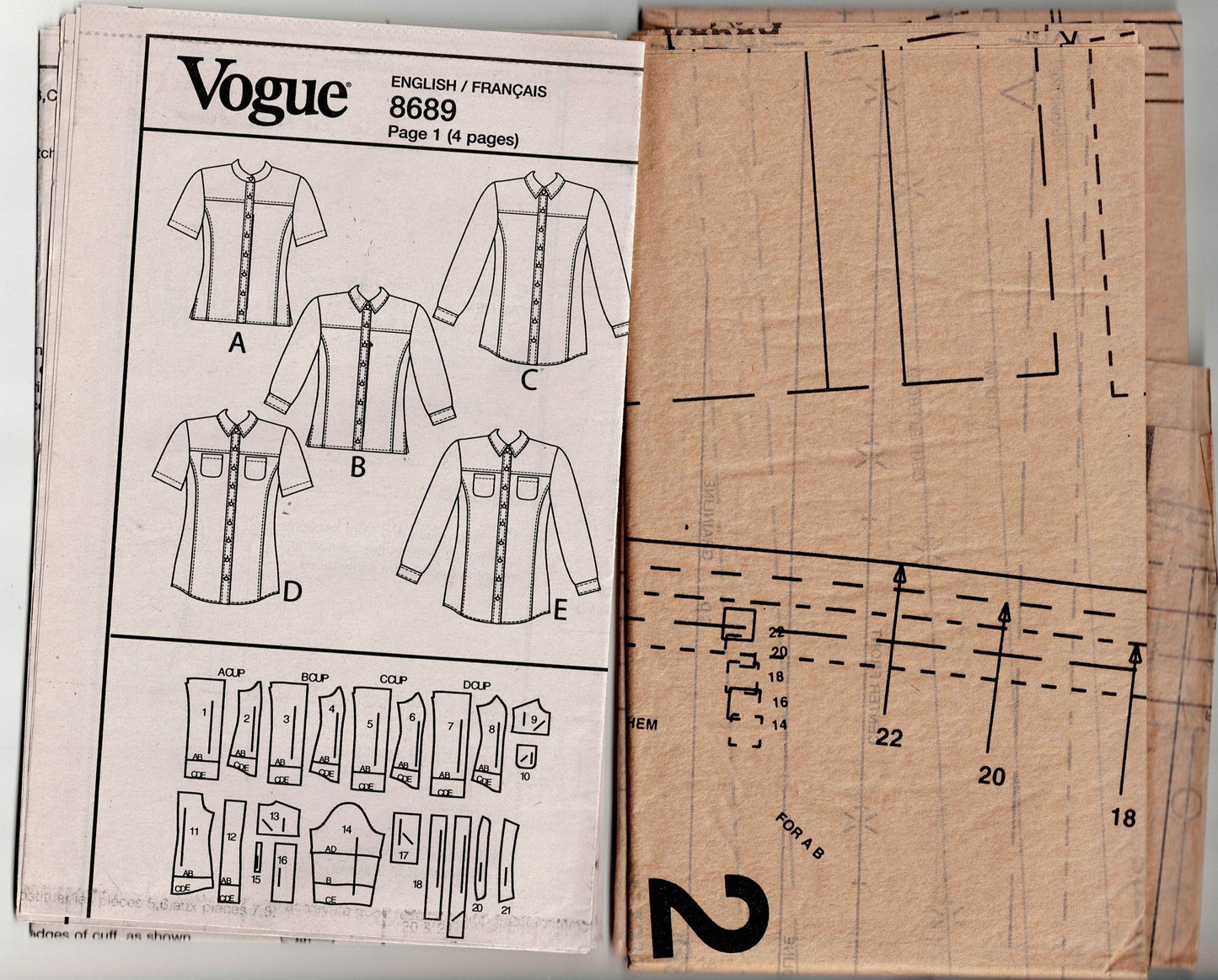 Vogue Basic Design 8689 Classic Womens CUSTOM FIT Button Down Shirts Sewing Pattern Size 14 - 22 UNCUT Factory Folded