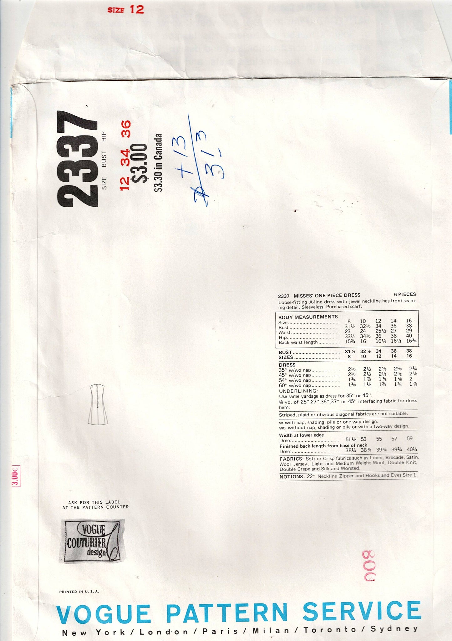 Vogue Couturier Design 2337 PERTEGAZ of SPAIN Womens A Line Dress with Seam Detail 1970s Vintage Sewing Pattern Size 12 Bust 34 inches with SEW IN LABEL