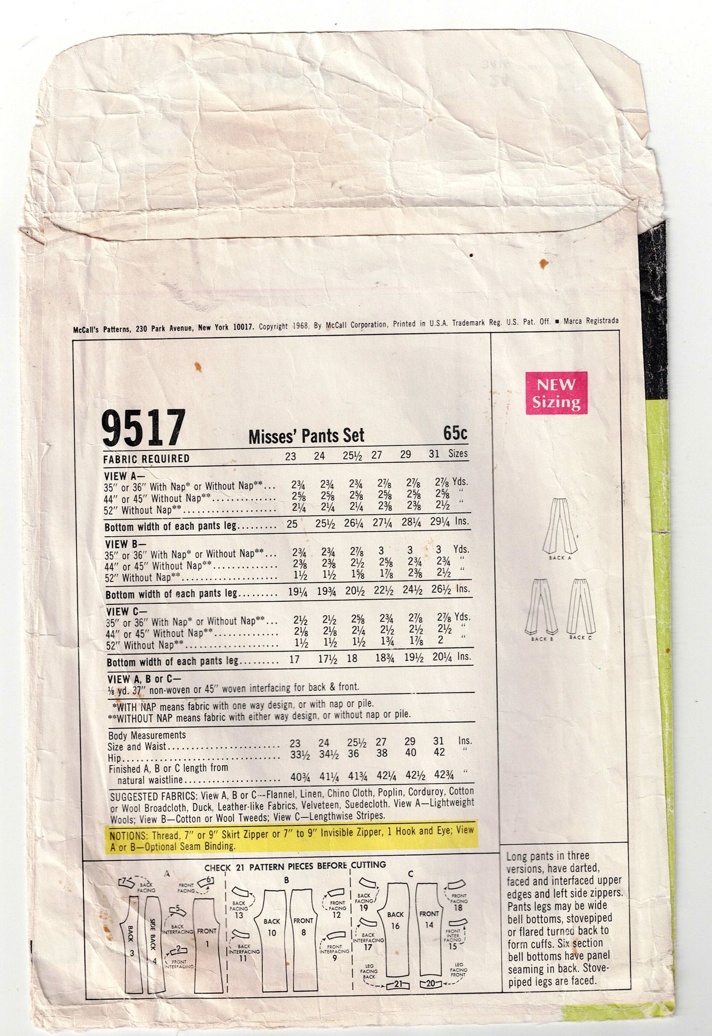 McCall's 9517 Womens Stovepipe Bell Bottom or Flared Pants 1960s Vintage Sewing Pattern Waist 24 Inches