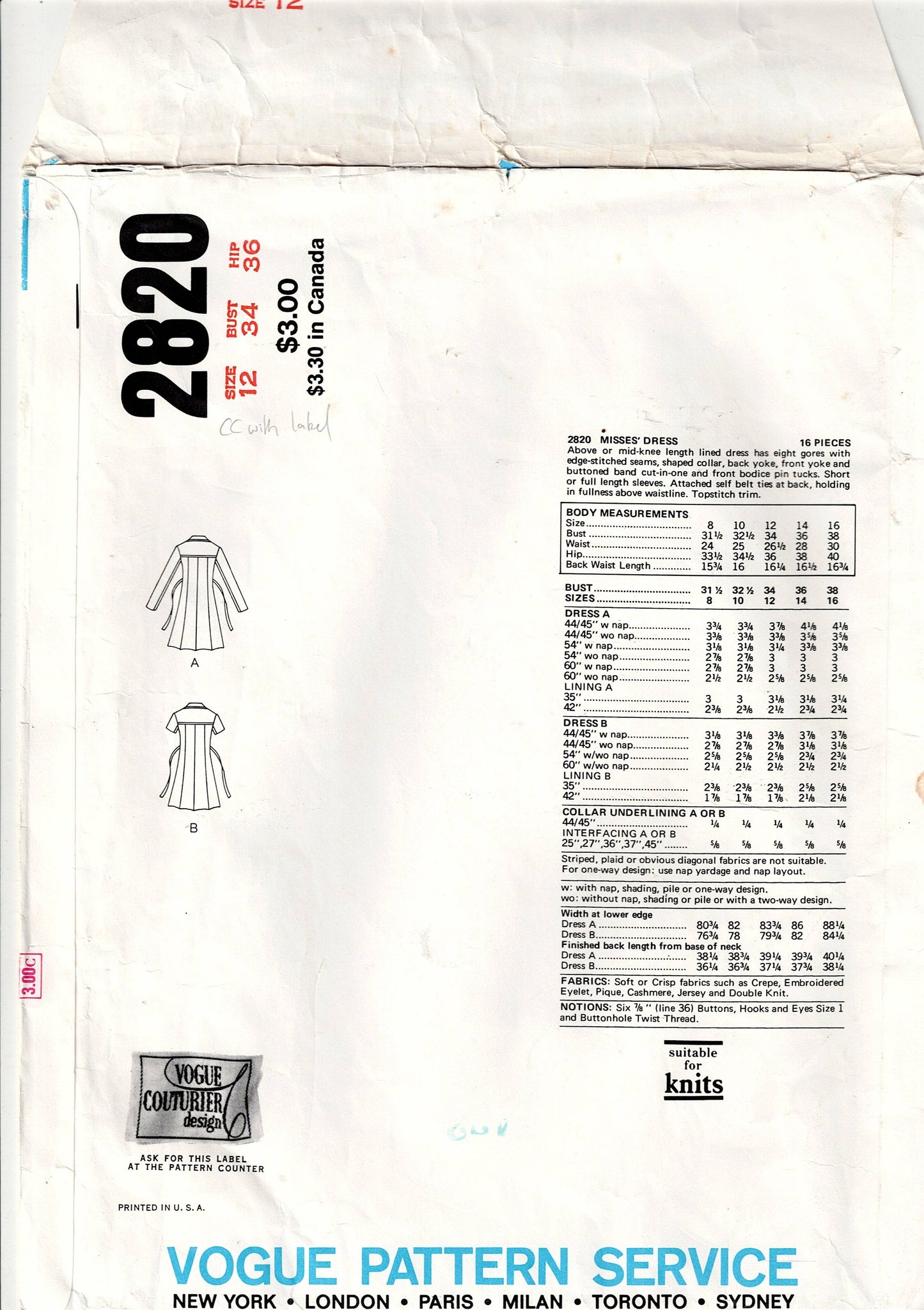 Vogue Couturier Design 2820 BELINDA BELLVILLE Womens Tucked Front Dress with Wide Rounded Collar 1970s Vintage Sewing Pattern Size 12 Bust 34 inches with SEW IN LABEL
