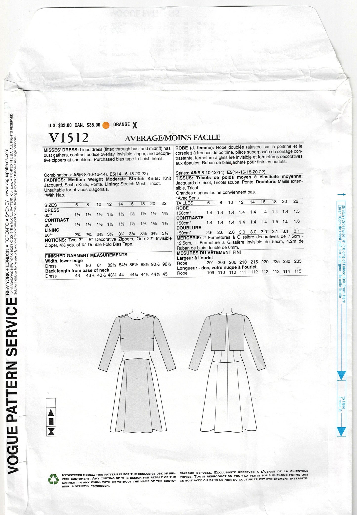 Vogue American Designer 1512 TRACY REESE Womens Stretch Knit Dress with Bodice Overlay Out Of Print Sewing Pattern Size 14 - 22 UNCUT Factory Folded