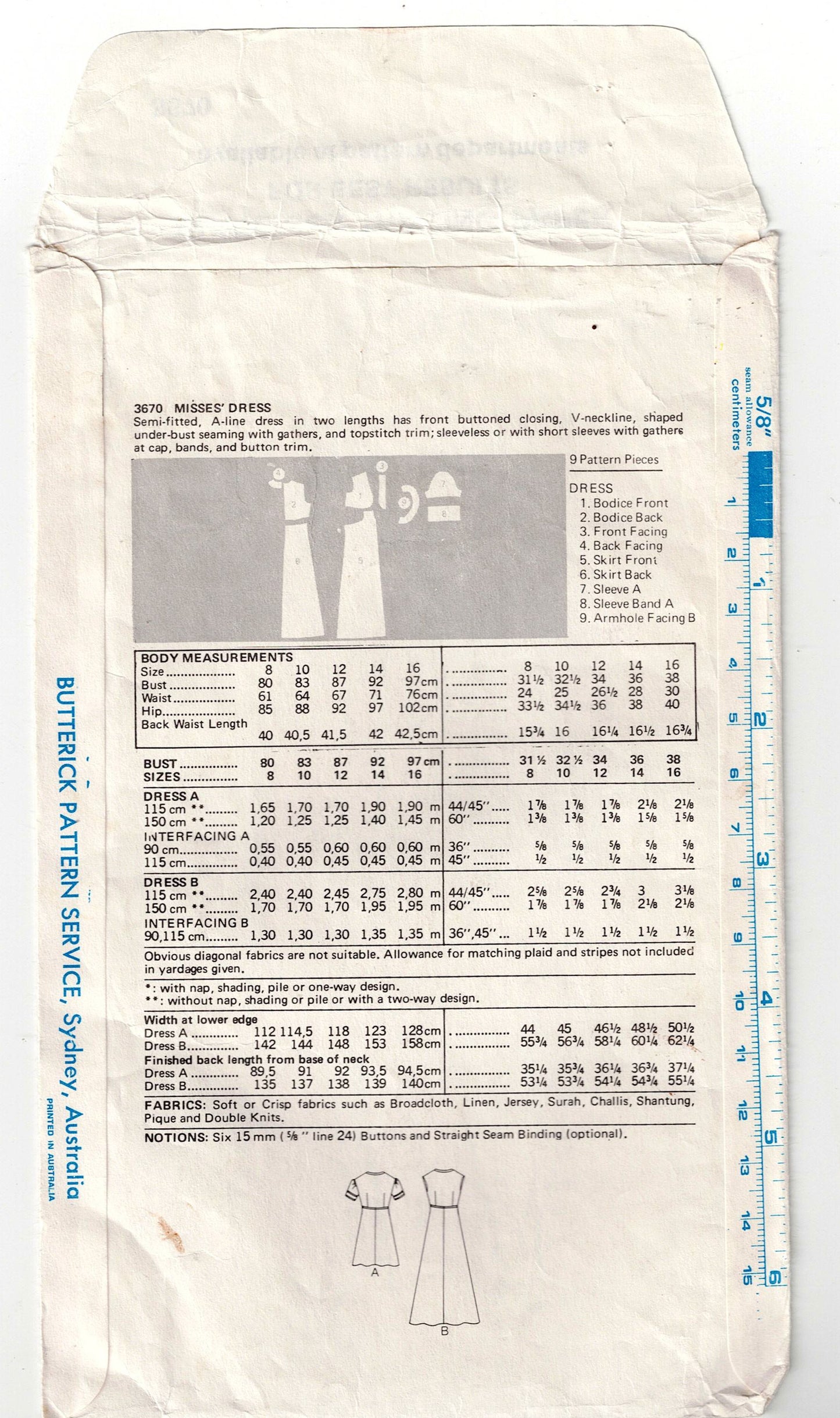 Butterick 3670 Womens Shaped Bodice Dresses 1970s Vintage Sewing Pattern Size 10 Bust 32.5 inches