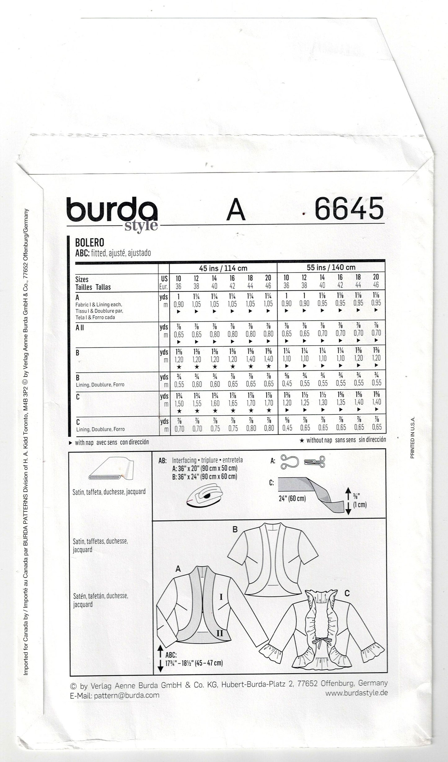 Burda Style 6645 Womens Evening Bolero Jacket in 3 Styles Out Of Print Sewing Pattern Sizes 8 - 18 UNCUT Factory Folded