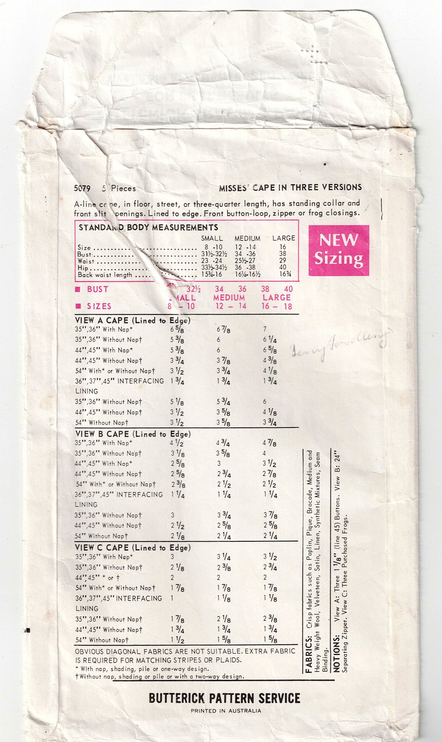 Butterick 5079 Womens A Line Cape in 3 Lengths 1960s Vintage Sewing Pattern Size SMALL 8 - 10