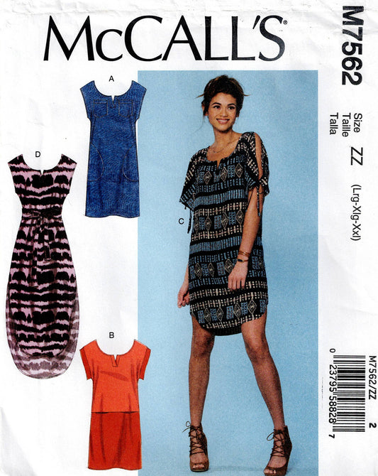 McCall's 7562 Womens EASY Loose Fitting Pullover Dresses Out Of Print Sewing Pattern Sizes L - XXL UNCUT Factory Folded