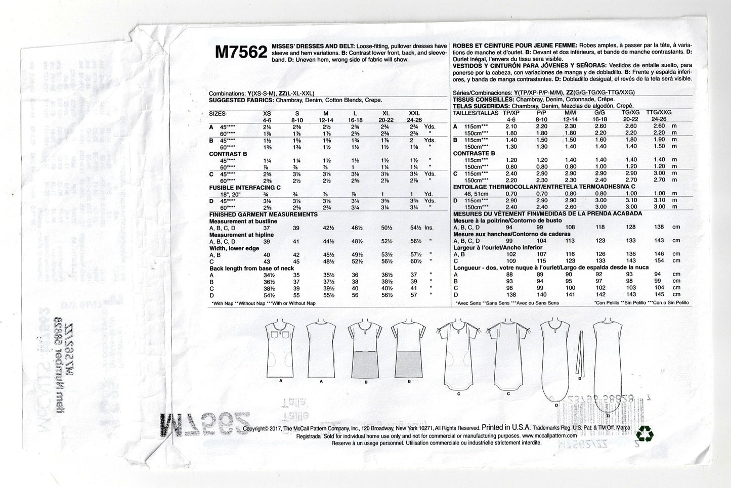 McCall's 7562 Womens EASY Loose Fitting Pullover Dresses Out Of Print Sewing Pattern Sizes L - XXL UNCUT Factory Folded