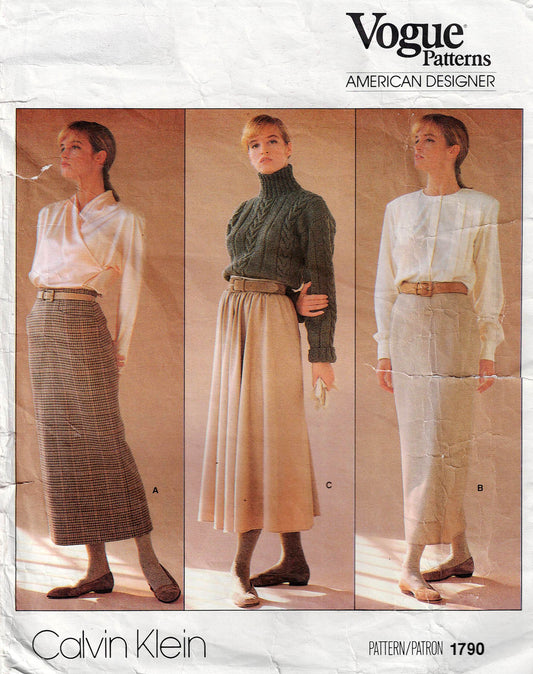 Vogue American Designer 1790 CALVIN KLEIN Womens Straight or Flared Skirts 1980s Vintage Paper Sewing Pattern Size 12 Waist 26.5 Inches