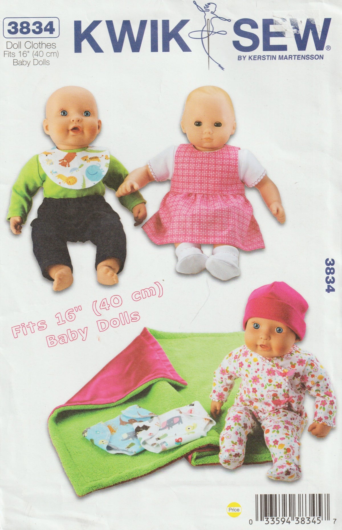 Kwik Sew 3834 Baby Doll Clothes Suitable for Cabbage Patch Dolls Out Of Print Paper Sewing Pattern UNCUT Factory Folded