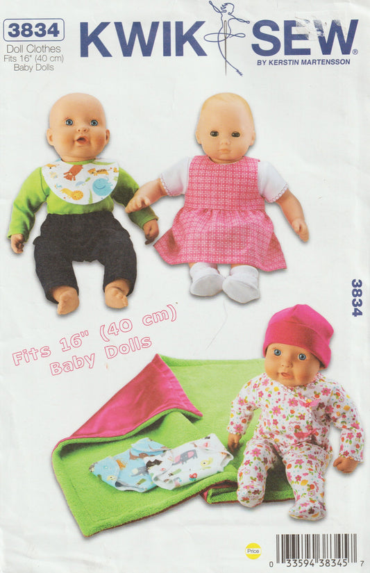 Kwik Sew 3834 Baby Doll Clothes Suitable for Cabbage Patch Dolls Out Of Print Paper Sewing Pattern UNCUT Factory Folded