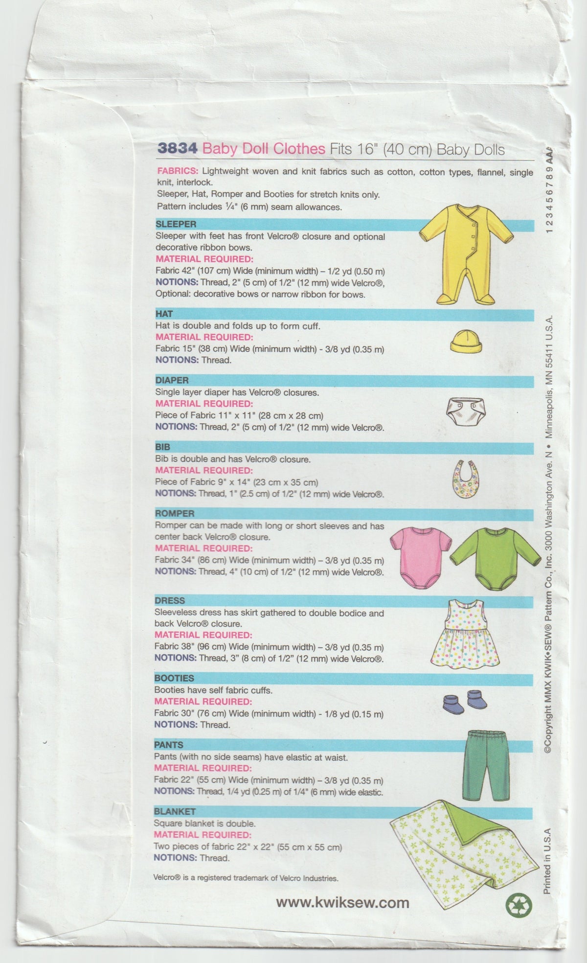Kwik Sew 3834 Baby Doll Clothes Suitable for Cabbage Patch Dolls Out Of Print Paper Sewing Pattern UNCUT Factory Folded