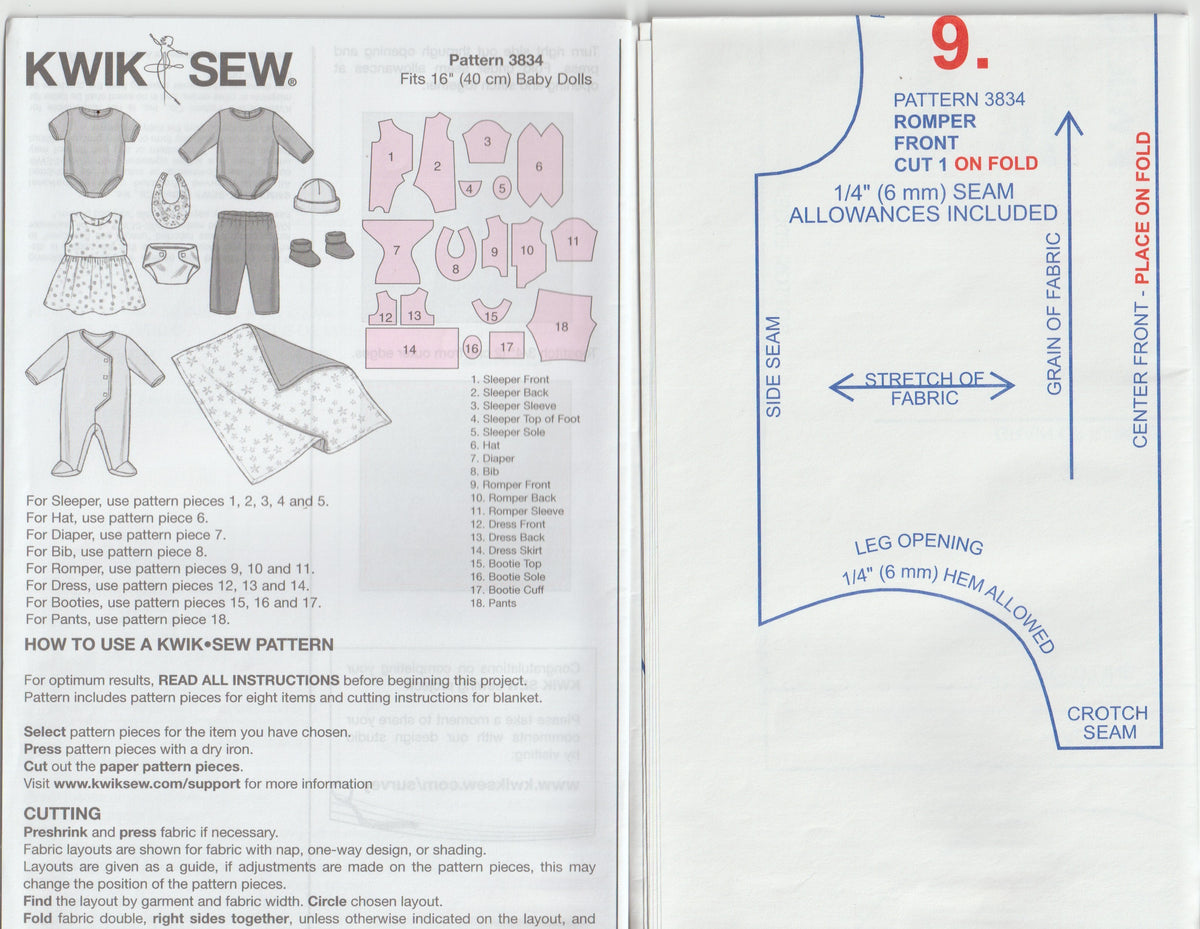 Kwik Sew 3834 Baby Doll Clothes Suitable for Cabbage Patch Dolls Out Of Print Paper Sewing Pattern UNCUT Factory Folded