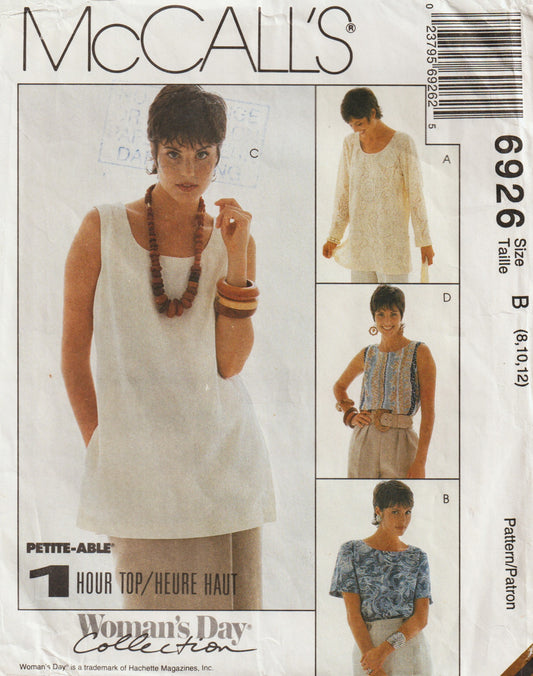 McCall's 6926 Womens EASY 1 Hour Top & Tunic 1990s Vintage Paper Sewing Pattern Size 8 - 12 UNCUT Factory Folded