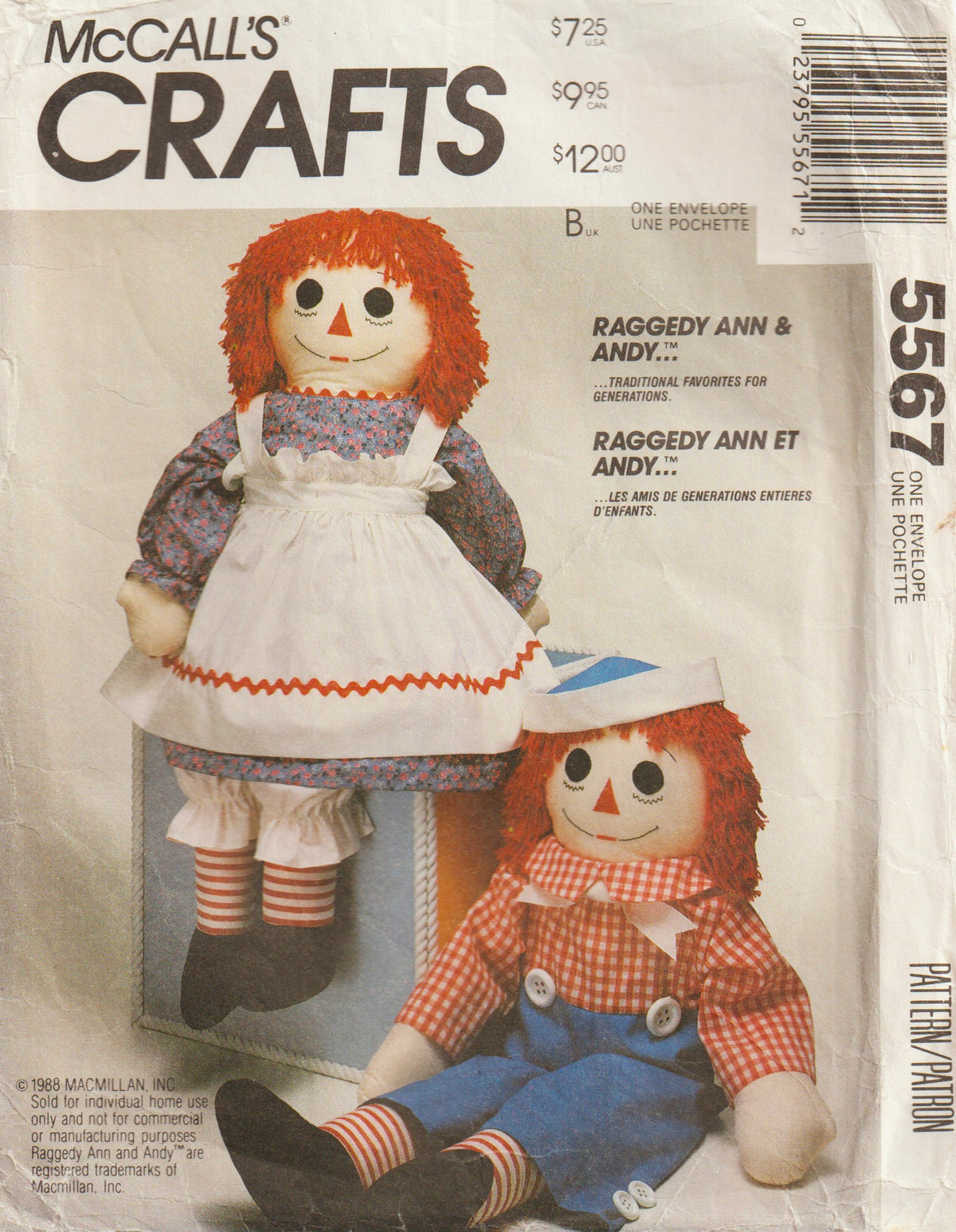McCall's 5567 RAGGEDY ANNE & ANDY Stuffed Dolls & Clothing 1990s Vintage Paper Sewing Pattern UNCUT Factory Folded