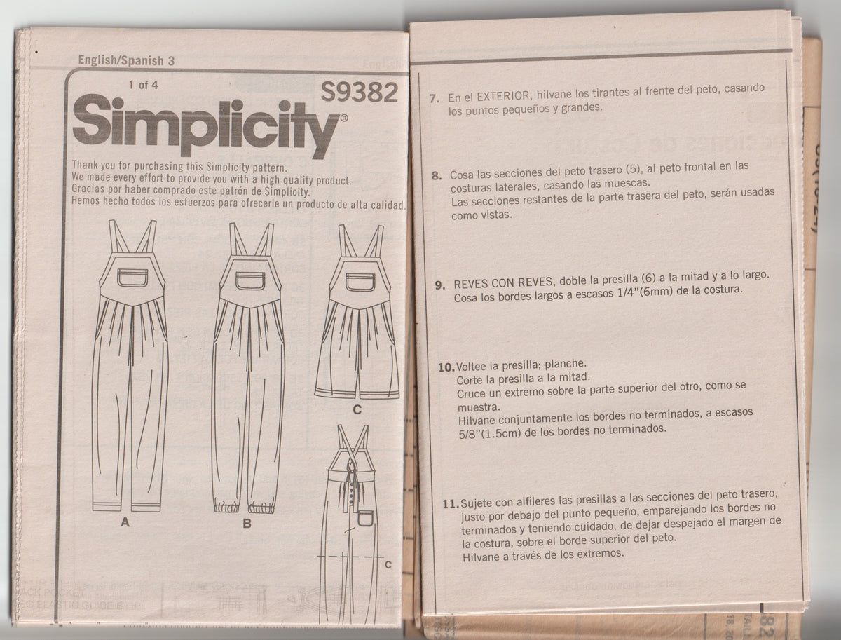 Simplicity 9382 Womens High Waisted Straight Leg Overalls Paper Sewing Pattern Size 16 - 24 UNCUT Factory Folded