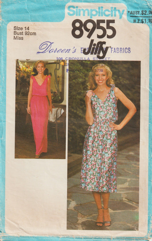 Patrón de costura vintage de los años 70 Simplicity 8955 para vestido blusón o maxi con lazo en los hombros para mujer, JIFFY, talla 12, busto 34 pulgadas