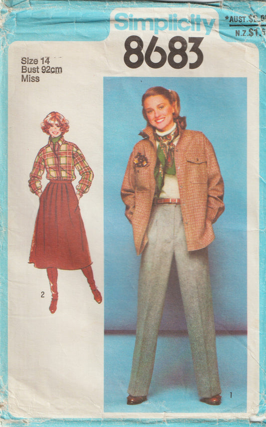 Simplicity 8683 Womens Shirt-Jacket Flared Skirt & Straight Leg Pants 1970s Vintage Paper Sewing Pattern Size 14 Bust 36 inches UNCUT Factory Folded