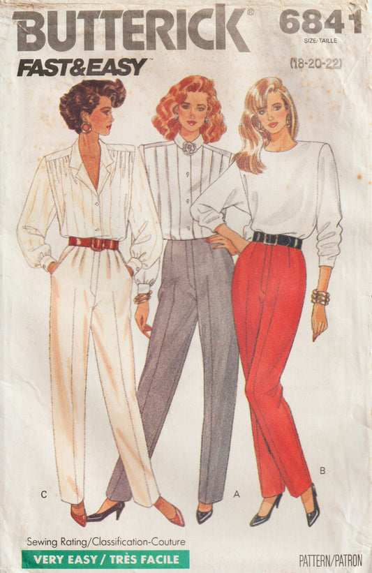 Butterick 6841 Womens Tapered Leg Flat Front or Pleated Pants 1980s Vintage Paper Sewing Pattern Size 18 - 22 UNCUT Factory Folded