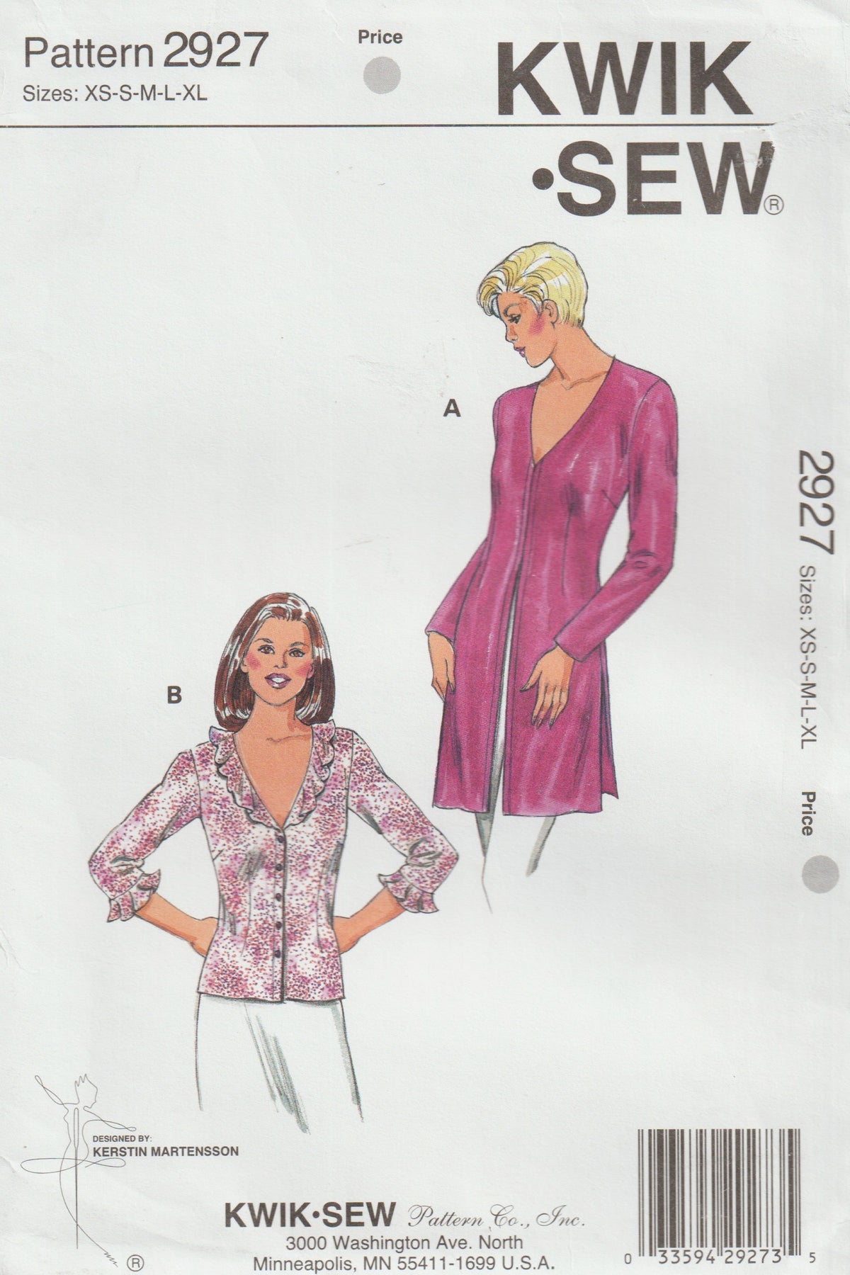 Patrón de costura agotado para blusa y túnica con cuello en V para mujer Kwik Sew 2927, talla XS a XL, sin cortar, doblado de fábrica